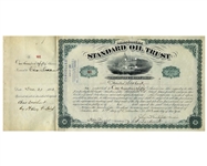 John D. Rockefeller Signed Stock Certificate for Standard Oil Trust -- Signed by Rockefeller as President in 1883